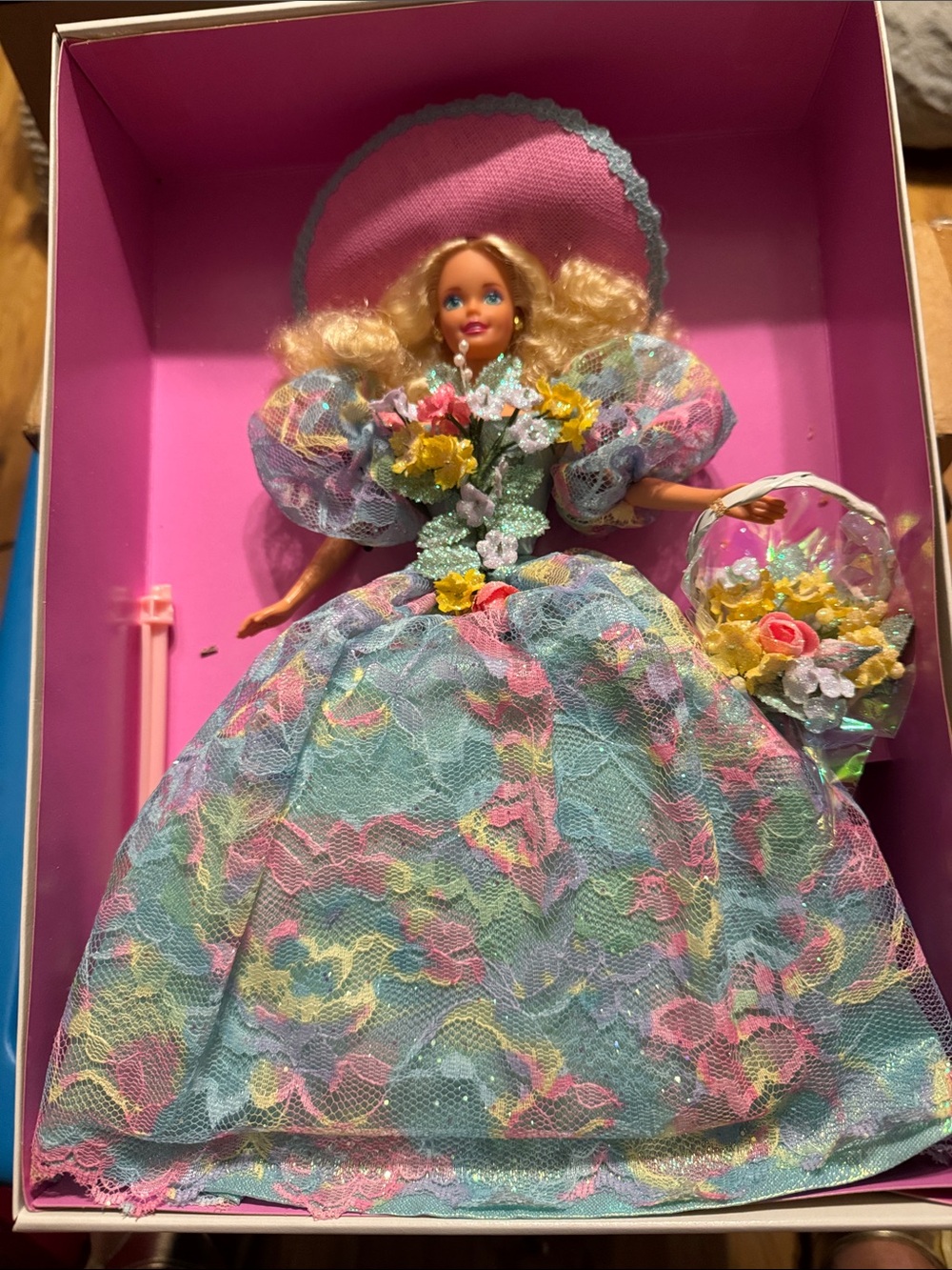 Barbie Pastel Blue Pink Yellow Floral Lace Ball Gown with Basket